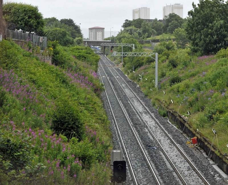 Masts Encroaching Onto the Cowlairs Incline: No more clear views of units, test trains Flying Banana now to be had on the Cowlairs Incline Photo of Masts Encroaching Onto the Cowlairs Incline