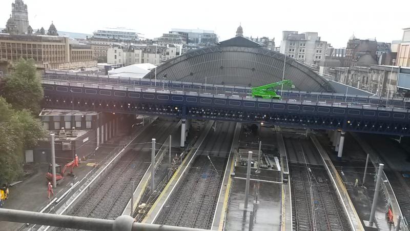 EGIP work at Queen Street: Taken 25/7/2016 clearly showing platforms 2 and 3 wired, the station throat looking remarkably uncluttered. Photo of EGIP work at Queen Street