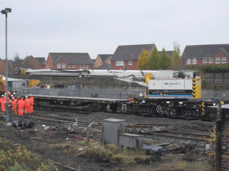 Kirow crane fitting points into sidings at Larbert: Kirow crane fitting the points. Photo of Kirow crane fitting points into sidings at Larbert
