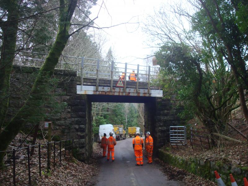Oban Line - Bridge 232: Picture taken on 20th Jan 2017 of Bridge 232. Bridge damaged by a truck. Network Rail have removed rail and sleepers and are currently removing ballast to expose damaged beam/s. Photo of Oban Line - Bridge 232