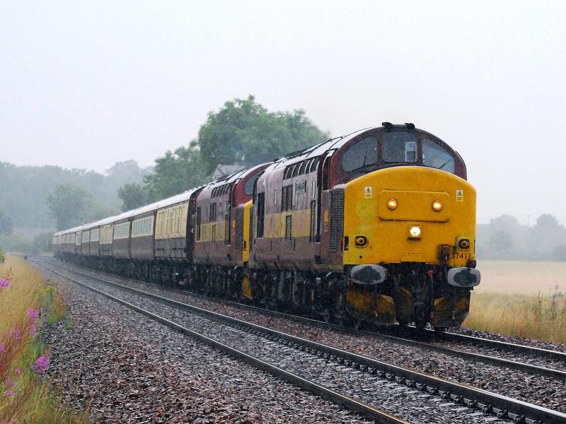 Tractors in full rain : EWS 37s head towards the Forth Rail Bridge on the Millerhill - Aberdeen Northern Belle ECS move Photo of Tractors in full rain