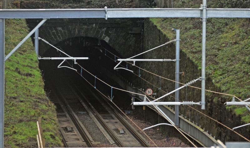 Cowlairs Incline North Portal: Wiring has been completed down the Cowlairs Incline and appears to be connected to the Tunnel OHL Photo of Cowlairs Incline North Portal