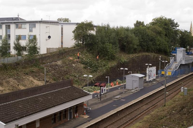 Mt.Florida station: Station during refurb works.New disabled lift at far end of platform.Also note clearing of banking of bushes and trees. Photo of Mt.Florida station