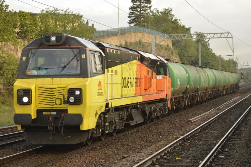 PrestwickTanks: Colas 70802 heading through Coatbridge with the Loaded Aviation Fuel tanks bound for Prestwick. Photo of PrestwickTanks