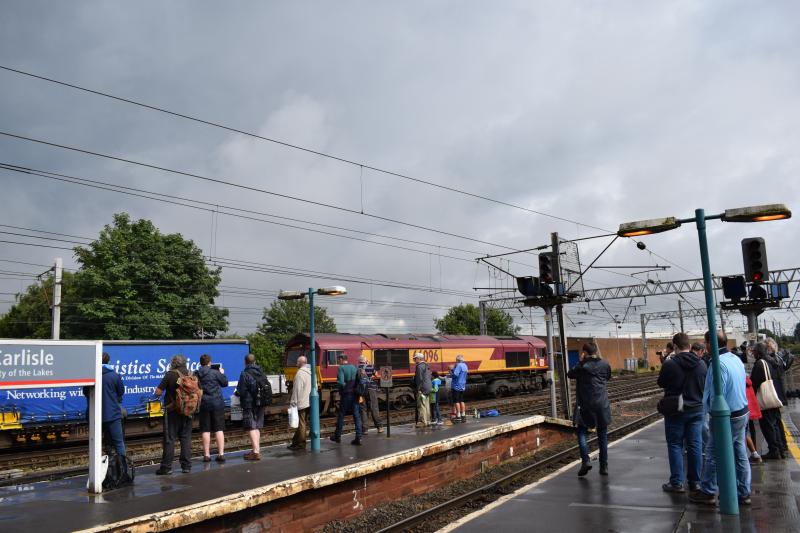 66096 Carlisle 22.7.17: DBC 66096 on the Grangemouth-Daventry intermodal passing through P4 at Carlisle shortly after 46233 Duchess of Sutherland had departed on the 1Z34 to Crewe. Photo of 66096 Carlisle 22.7.17