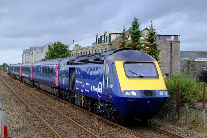 43132 + 43021 at Carnoustie: A dull start to a new era as 43132 + 43021 pass Brown Street, Carnoustie 4 minutes late under a grey sky. Pictured 10th September 2017. Photo of 43132 + 43021 at Carnoustie
