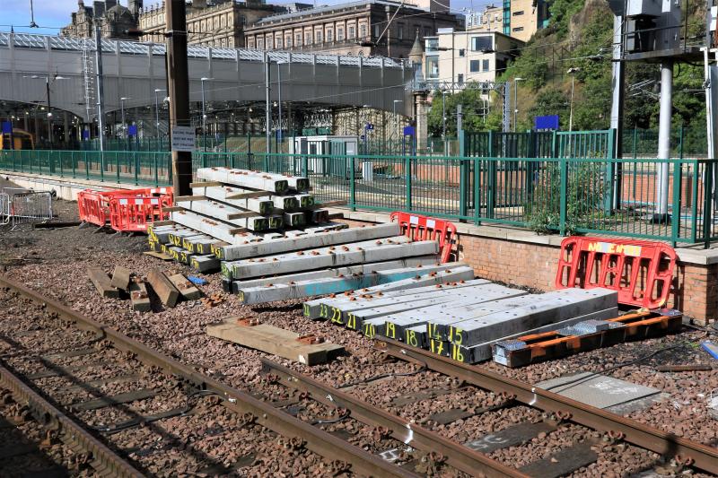 Kit of Parts for New Plaforms 5 & 6: Concrete sleepers and a few rails stacked in the old Motorail Bay on 14/09/2017 Photo of Kit of Parts for New Plaforms 5 & 6