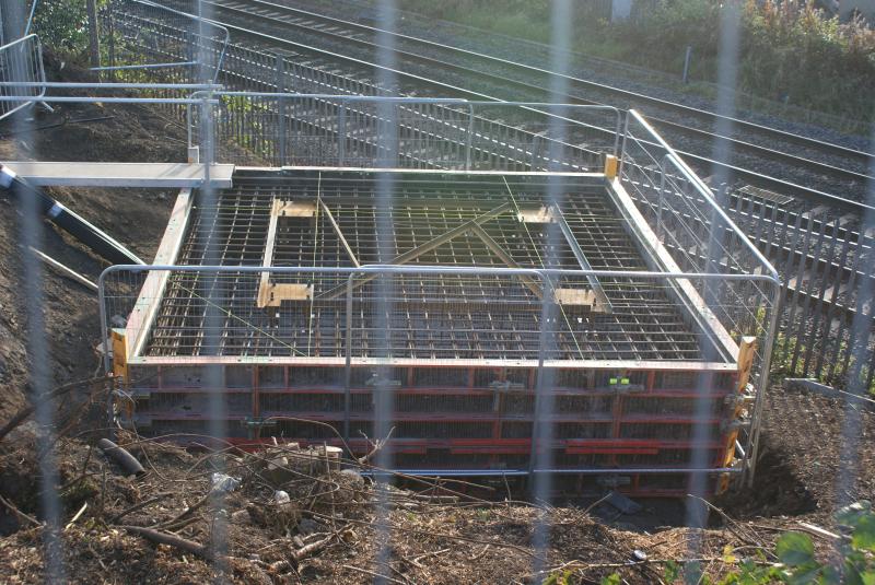Kerse Road, Stirling Ind Est. side footbridge abutment plinth: Kerse Road, Stirling Industrial Estate side footbridge / utilities carrier abutment plinth ready for concreting. 29.10.17 Photo of Kerse Road, Stirling Ind Est. side footbridge abutment plinth