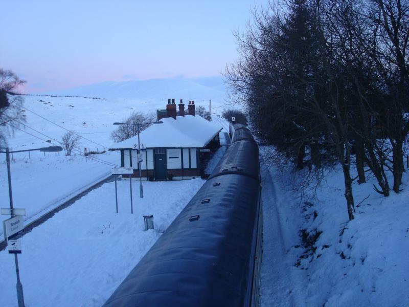 Rannoch Station with waiting Sleeper for Fort William: Taken on Saturday 16th December 2017. Sleeper waiting for southbound ScotRail service before departing for Fort William. Photo of Rannoch Station with waiting Sleeper for Fort William