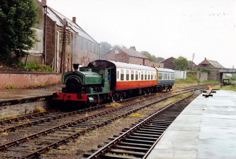 0-4-0 tank Brechin: A small Barclay? tank arrives at Brechin from Bridg of Dun, 24/6/1990. Photo of 0-4-0 tank Brechin