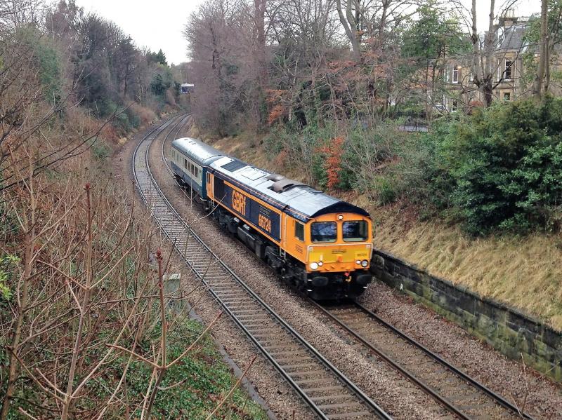 66724 at Morningside (Edinburgh Sub): 09.10 Polmadie to Burton Wetmore returning off-hire
Mk.2 BSO from Caledonian Sleeper to Riviera Trains.
13.02.2018 Photo of 66724 at Morningside (Edinburgh Sub)