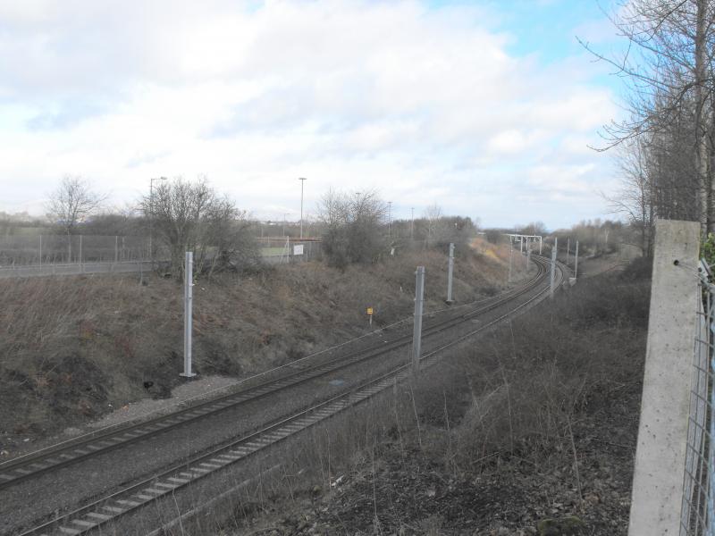 view looking towards Carmuirs West Jct: The view towards Carmuirs West. With the posts waiting to have the wire attachments. Photo of view looking towards Carmuirs West Jct