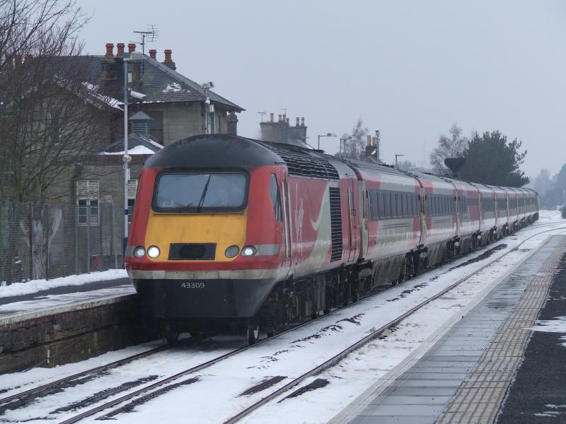 1E19 on 04 March 2018: 43309 leads 43238 through Ladybank on 1E19 04 March 2018.
Planned track work at Cupar (later cancelled due to snow) meant that 1E19 diverted via Perth and Newburgh. Photo of 1E19 on 04 March 2018