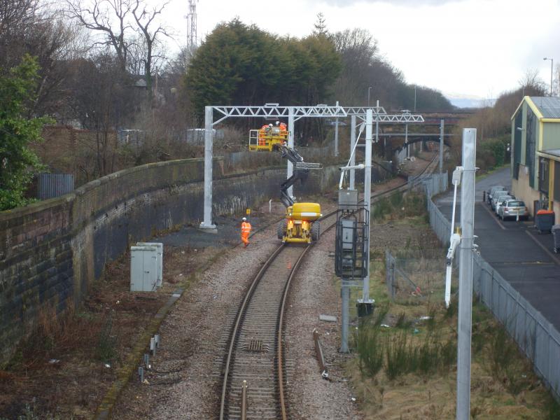 Alloa - OHL Installation Activity: OHL line installation at Alloa on Tuesday 27th March 2018. Work was taking place at various points near station whilst line is closed. Photo of Alloa - OHL Installation Activity