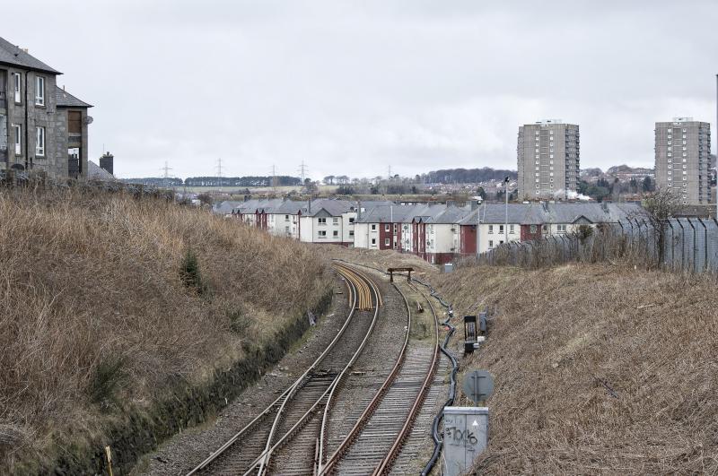 LOOKING TO WOODSIDE FROM ST MACHAR'S DRIVE BRIDGE 2.4.18.jpg: NEW RAILS IN PLACE PENDING START OF REDOUBLING WORK Photo of LOOKING TO WOODSIDE FROM ST MACHAR'S DRIVE BRIDGE 2.4.18.jpg