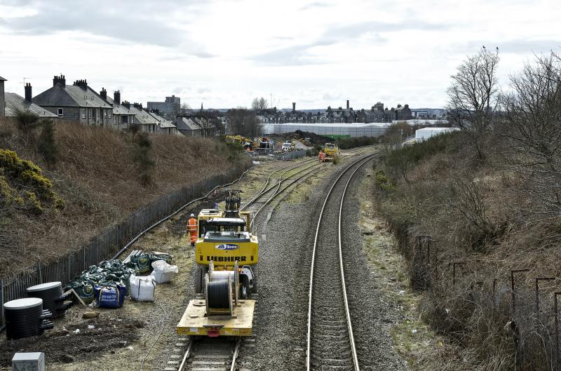 KITTYBREWSTER NORTH 2.4.18A.jpg: PRELIMINARY WORK OVER EASTER W'E FOR PHASE ONE OF TRACK DOUBLING BETWEEN ABERDEEN AND DYCE. Photo of KITTYBREWSTER NORTH 2.4.18A.jpg