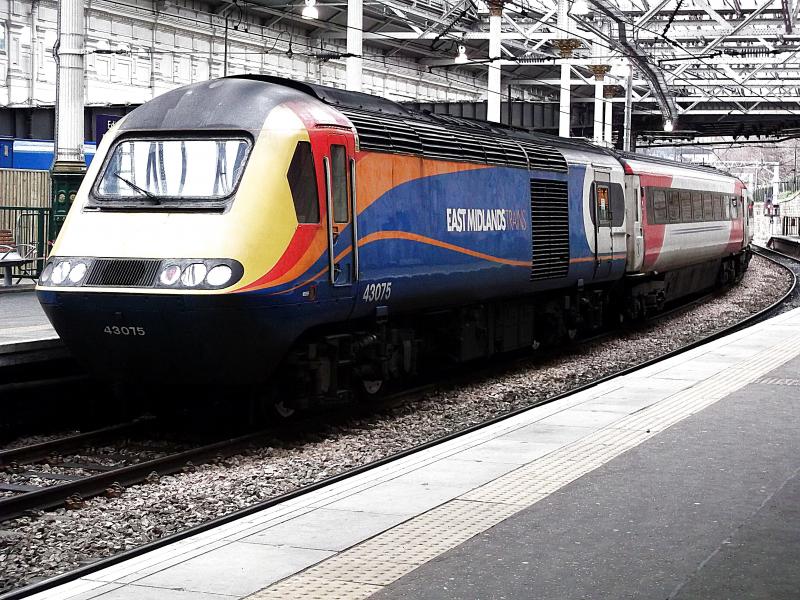 43075 at Edinburgh Waverley: East Midlands Trains Power Car 43075 stands at the head of a Virgin East Coast HST set, awaiting departure to London Kings Cross on Tuesday 27th March 2018. Stablemate 43059 was on the rear. Photo of 43075 at Edinburgh Waverley