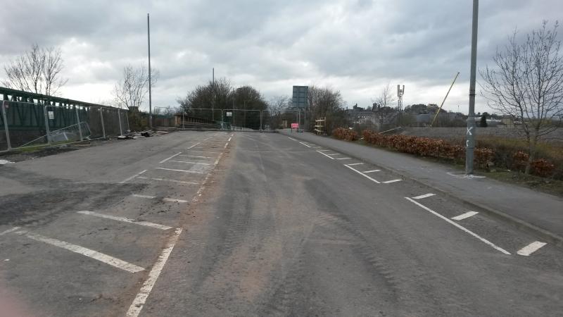 South side of Kerse Road bridge 16.04.18: South side of Kerse Road bridge 16.04.18. All the safety hoardings for the one way traffic route have been cleared. Photo of South side of Kerse Road bridge 16.04.18