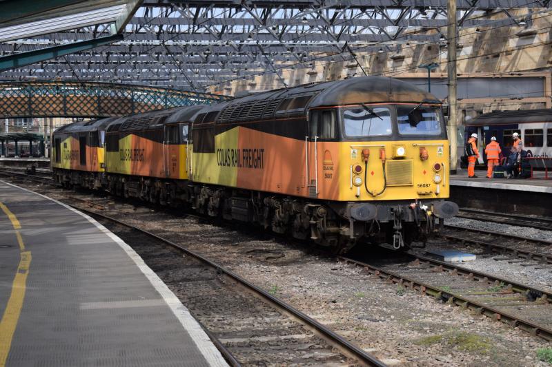 Colas convoy Carlisle 18.4.18: Colas 56087 hauls 56105 and 60087 from Carlisle NY to Crewe Basford Hall 18.4.18 Photo of Colas convoy Carlisle 18.4.18
