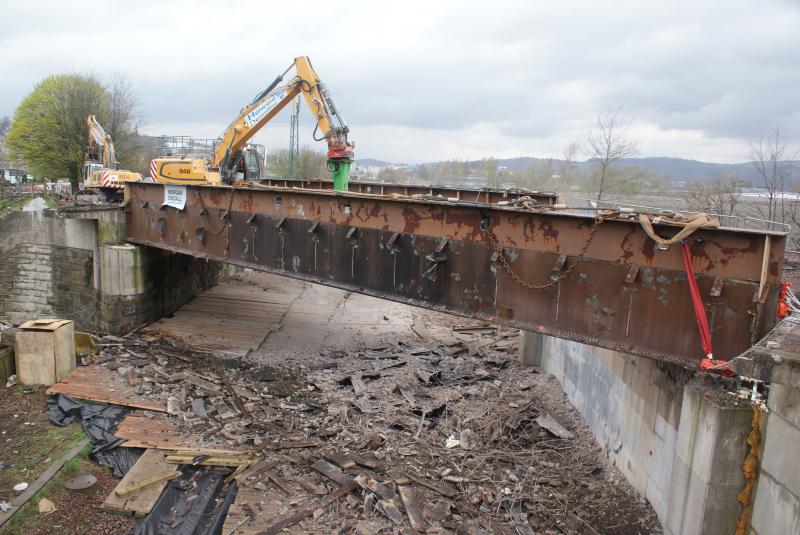 Kerse Road bridge beams minus the footpath cantilevers.: Kerse Road bridge beams minus the footpath cantilevers. Peckering the concrete deck slab in progress. 22.04.18 Photo of Kerse Road bridge beams minus the footpath cantilevers.