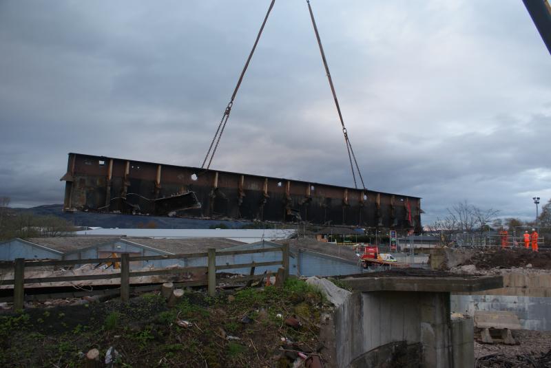 The north side main beam is lifted out at Kerse Road.: The north side main beam is lifted out at Kerse Road. The old bridge is gone. 22.04.18. Photo of The north side main beam is lifted out at Kerse Road.
