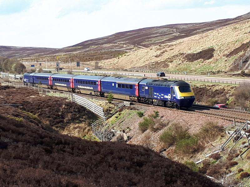 HST Training run Slochd: 2W62 on training run Inverness - Perth, seen at Slochd loop 07-05-18 awaiting late running unit Photo of HST Training run Slochd