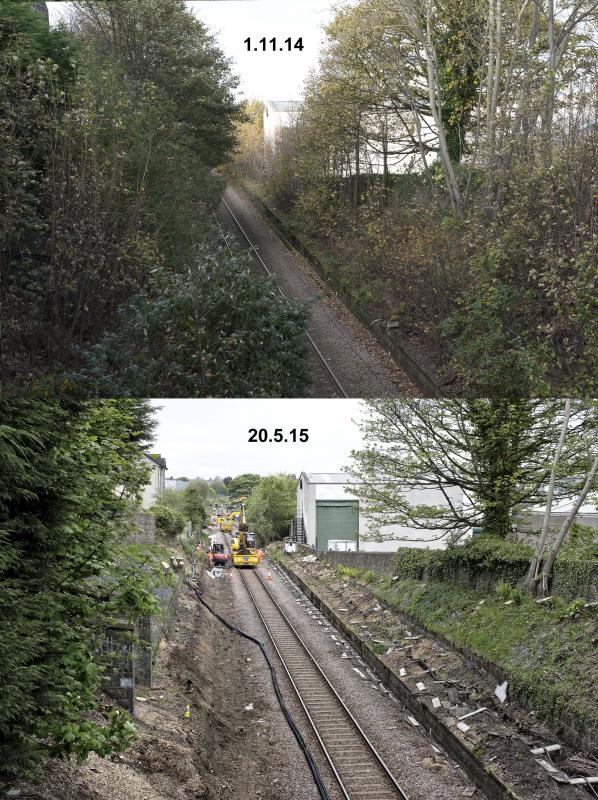 HUTCHEON STREET THEN AND NOW.jpg: LOOKING NORTH ---REDOUBLING WORK IN PROGRESS.
NOTE THE REMAINS OF THE OLD PLATFORM SHELTER ON THE LEFT Photo of HUTCHEON STREET THEN AND NOW.jpg