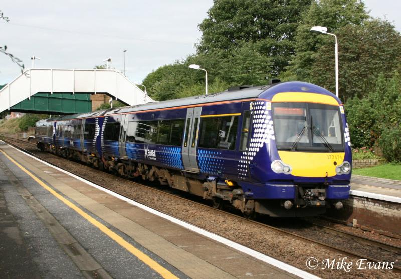 Saltire Livery Launch 170434: Saltire Livery Launch 220908, 170434 pauses at Polmont forming the 11:07 Polmont to Edinburgh (ex 10:45 Glasgow Queen Street). Photo of Saltire Livery Launch 170434