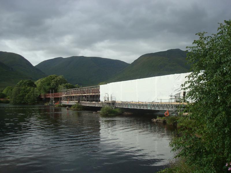 Sand Blasting River Orchy Viaduct: Taken on 20th August 2018. River Orchy Viaduct on Oban Line being sand blasted prior to re-coating. Project due to run till the end of the year. Photo of Sand Blasting River Orchy Viaduct