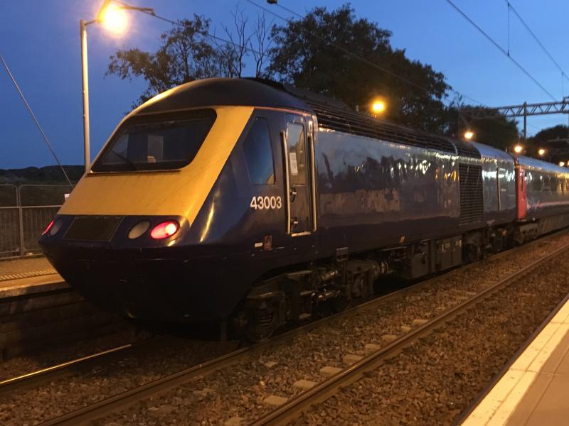 3H04 Perth - Eastfield: Unbranded Ex FGW powercar 43003 brings up the rear of the 3H04 to Eastfield, seen pausing briefly at Cumbernauld. Photo of 3H04 Perth - Eastfield
