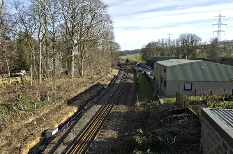 KINALDIE LOOKING TO DYCE 15.`2.19.jpg: THE FLAT ROOFED BUILDING IN THE BOTTOM RIGHT CORNER IS THE BASE OF THE SIGNAL BOX.
BEYOND THIS ON THE RIGHT IS THE SITE OF THE GOODS YARD. Photo of KINALDIE LOOKING TO DYCE 15.`2.19.jpg
