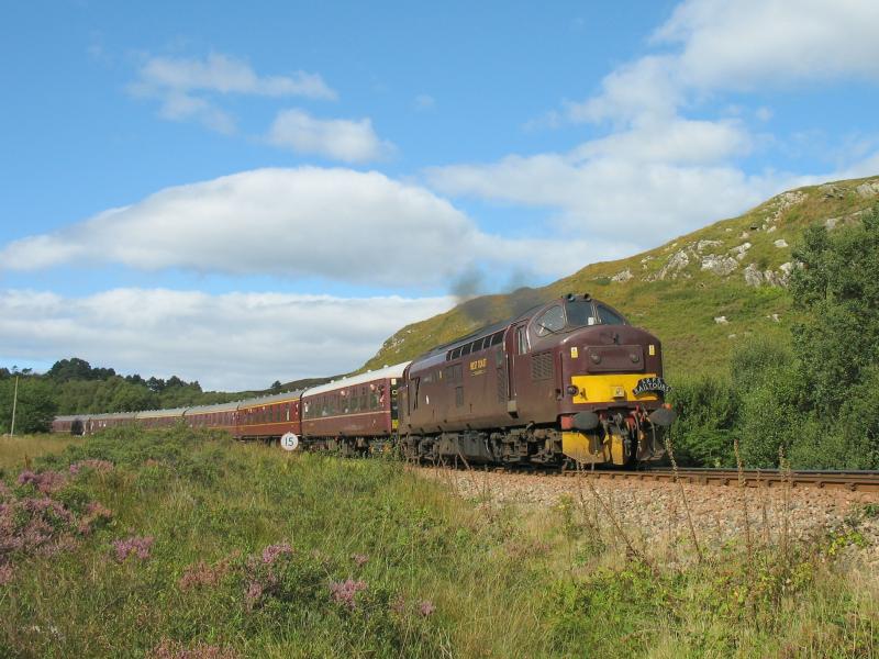 37248 at Morar: 37248 passes Macleans Crossing, just
South of Morar, with 1Z24, the 14:37
Mallaig-Ayr SRPS railtour. Photo of 37248 at Morar