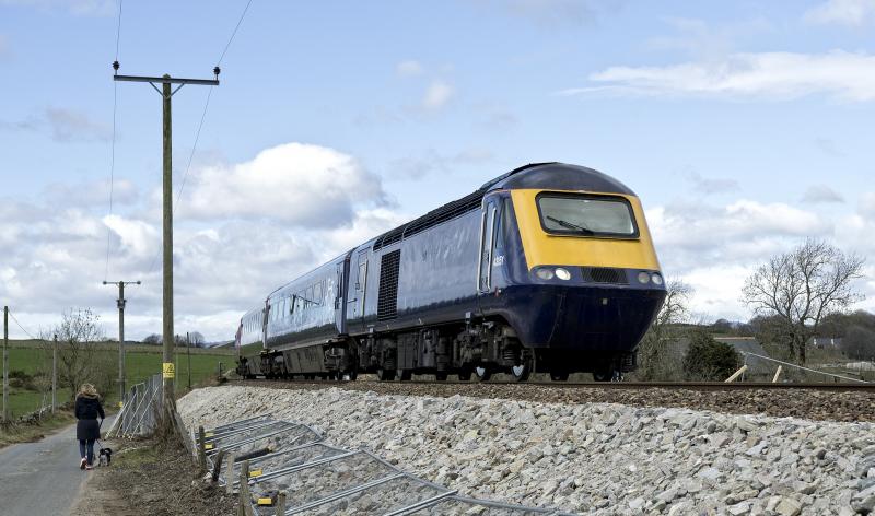 DALWEARIE HST 24.3.19.jpg: 11.03 INVERURIE-ABERDEEN HURTLES PAST W.I.P. AT DALWEARIE. Photo of DALWEARIE HST 24.3.19.jpg