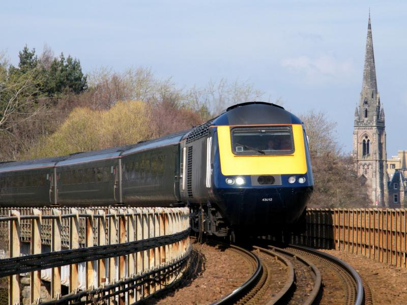 43012 @ Perth - 08 April 2019: Inter7City power car 43012, 4 green former Great Western Railway coaches and Inter7City power car 430168 on '1A61' Photo of 43012 @ Perth - 08 April 2019