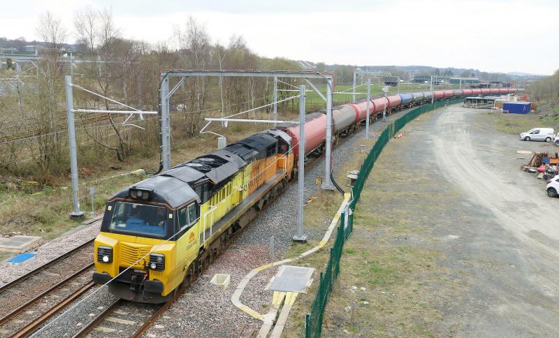 70801 with the Dalston to Grangemouth tanks at Greenhill Lower...12-4-19.: 70601 powers up the hill from Cumbernauld with the empty tanks for Grangemouth Ineos. Photo of 70801 with the Dalston to Grangemouth tanks at Greenhill Lower...12-4-19.