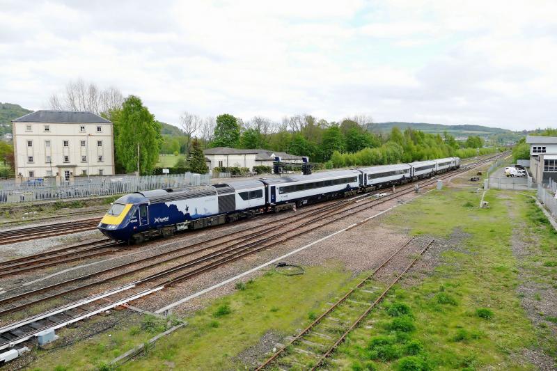 5S03 Doncaster to Inverness Refurbished Scotrail HST at Perth...4-5-19.: With power Cars 43129 and 43028 to make up the 4th. refurbished HST for Scotrail Photo of 5S03 Doncaster to Inverness Refurbished Scotrail HST at Perth...4-5-19.