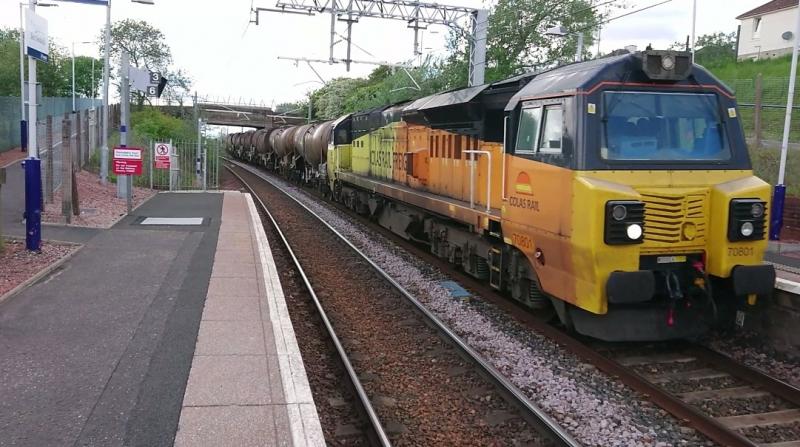 70801 passing through Bargeddie: 70801 passing through Bargeddie with the 6Z70 Workington Docks to Aberdeen Waterloo (21-05-19). Photo of 70801 passing through Bargeddie
