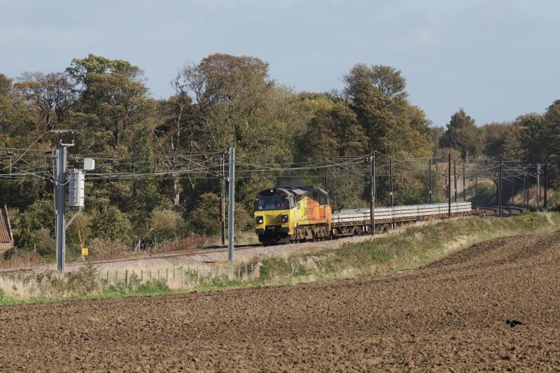 6S31: 70806 on 6S31 05.18 Doncaster Up Decoy to Millerhill passing Redhouse Castle on 11/10/2019 Photo of 6S31