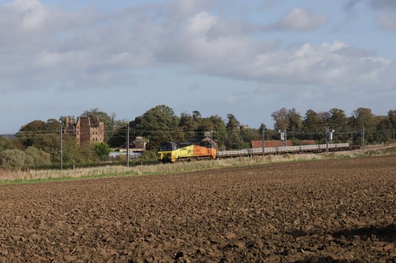 6S31: 70806 on 6S31 05.18 Doncaster Up Decoy to Millerhill passing Redhouse Castle on 11/10/2019 Photo of 6S31