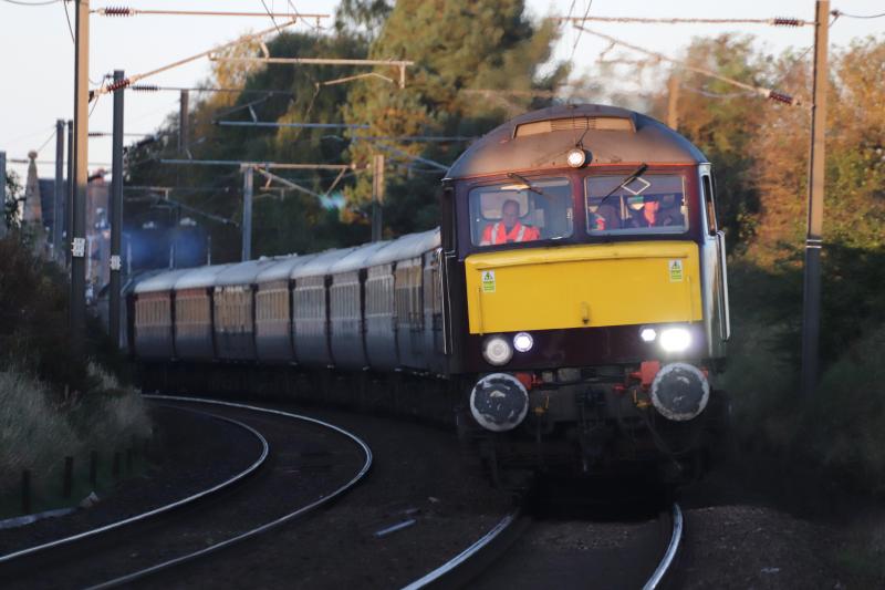 Belmont railtour at Kirknewton: Class 57 leading a railtour to Rannoch. Caught in early morning autumn sun at Kirknewton Photo of Belmont railtour at Kirknewton