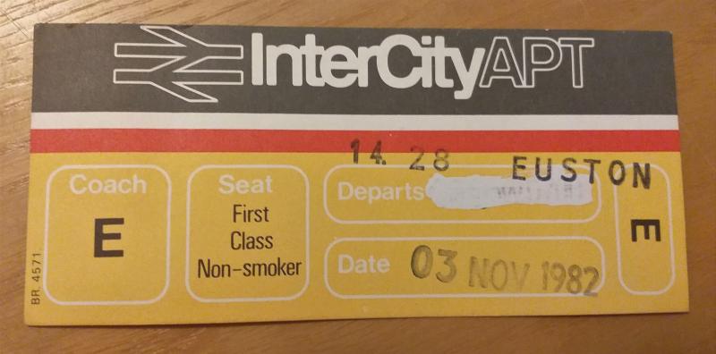 APT boarding pass: Pass issued for a journey on the 14:28 London Euston to Glasgow Central on 3 November 1982 Photo of APT boarding pass