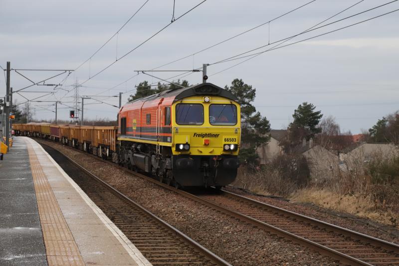 6K11: 66503 on 6K11 10.00 Inverkeithing to Millerhill via Stirling running 117 minutes early at Newcraighall on 07/03/2021 Photo of 6K11