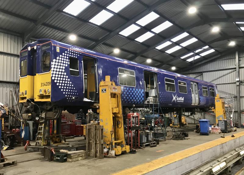 Class 314 Hydrogen conversion: Class 314 Hydrogen conversion.
DMSO 64600 on the jacks in the Bo'ness diesel shed.
29th March 2021. Photo of Class 314 Hydrogen conversion