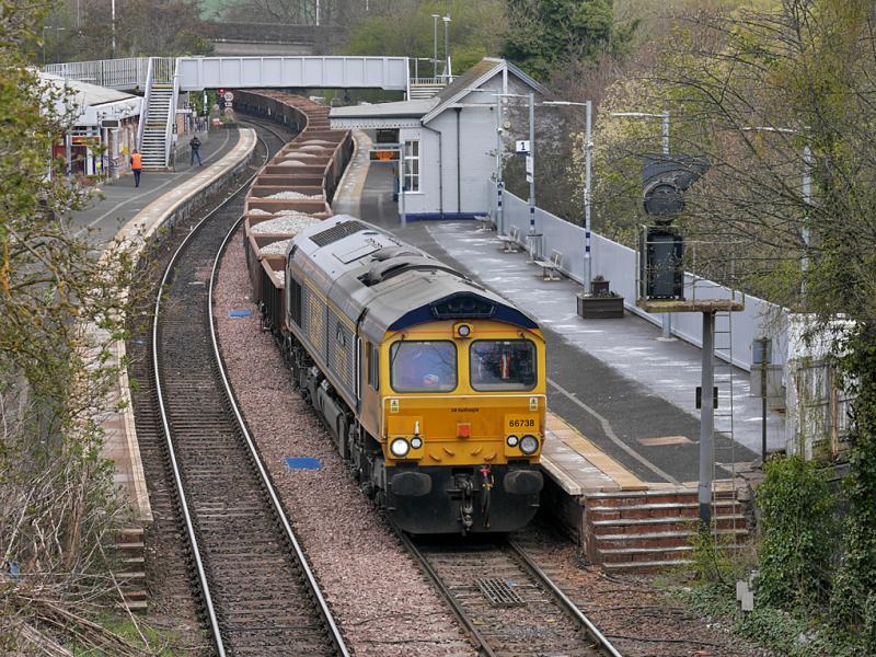 6K30 at Inverkeithing: GBRf 66738 leads the 6K30 Laurencekirk - Millerhill ballast through Inverkeithing on 18 April 2021. 66775 is out of sight on the rear. Photo of 6K30 at Inverkeithing