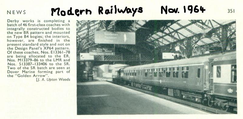 Early Mk 2's in green: A scan of a 1964 photo in Modern Railways, showing a couple of the Southern's batch of the first production Mk 2 coaches (46 FK's), in green livery. Photo of Early Mk 2's in green