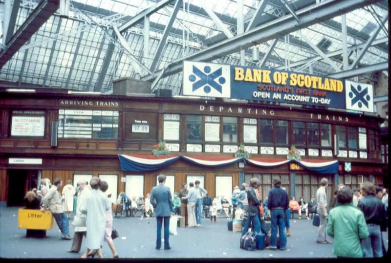 Centenary celebrations: 100 not out....Glasgow Central Train Information Board and concourse suitably adorned in August 1979 for the Centenary celebrations. Photo of Centenary celebrations