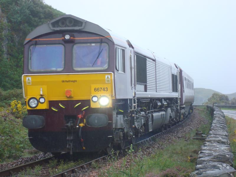 66743 Approaching Mallaig: Leading the Royal Scotsman into a rather wet Mallaig this morning on 1H86 Spean Bridge to Fort William and then later onto Bridge of Orchy where it stops for the night. 66746 was on the rear. Photo of 66743 Approaching Mallaig