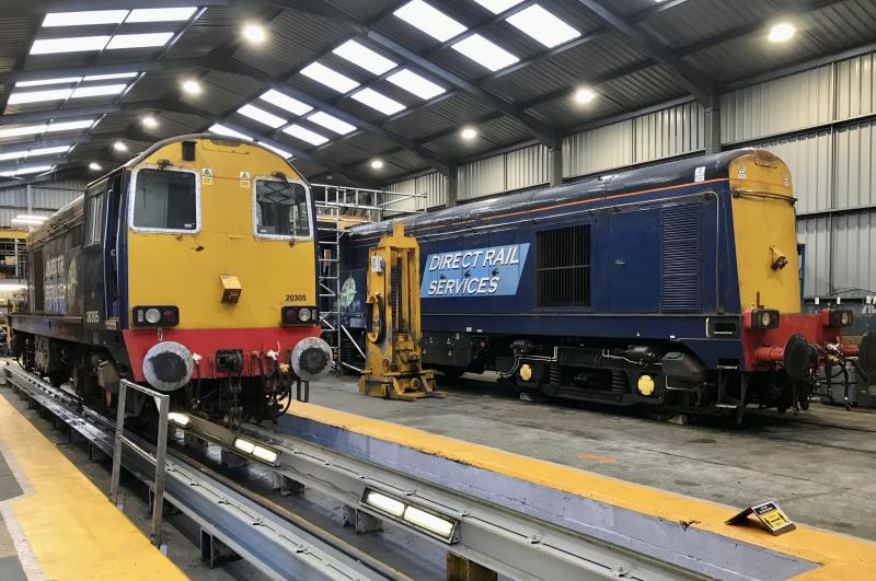 DRS 20305 and 20302: Class 20302 and 20305 inside the Bo'ness diesel shed July 2020. Photo of DRS 20305 and 20302