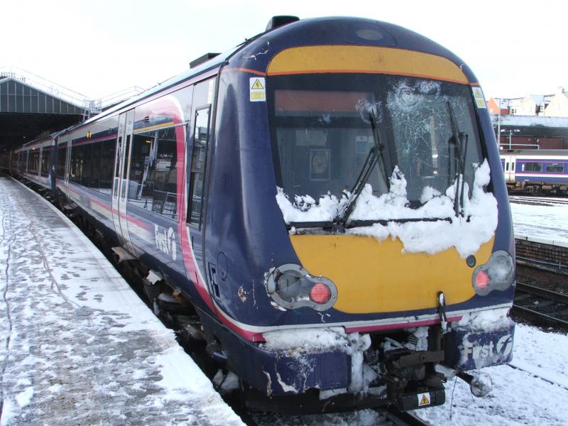 Ooops...Front end damage to 170 427 5 February 2009: Damaged 170 427 at Inverness after attempting to work the 04.57 to Aberdeen but hit a tree on line following heavy snow. Photo of Ooops...Front end damage to 170 427 5 February 2009