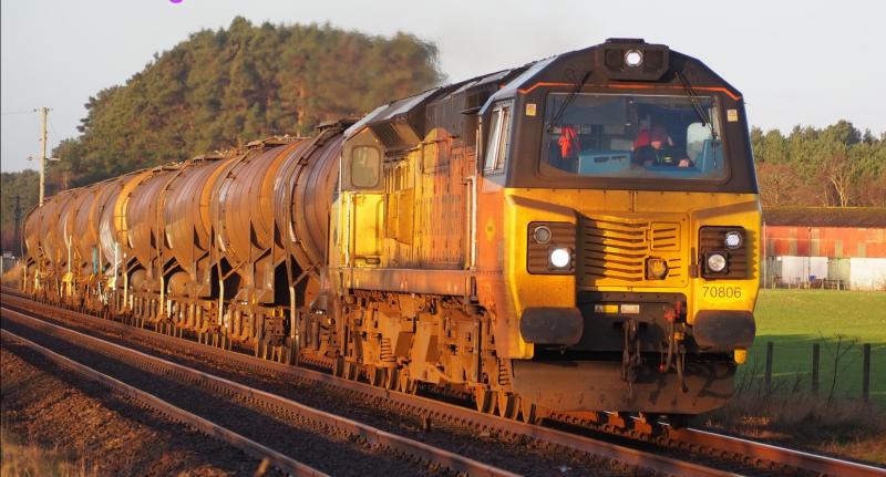 Barassie to Aberdeen, via Fife: Colas 70806 on 6A86 Barassie to Aberdeen passing Bow of Fife Level Crossing on a diversion through Fife due to track work in Moncrieff Tunnel Perth. Photo of Barassie to Aberdeen, via Fife